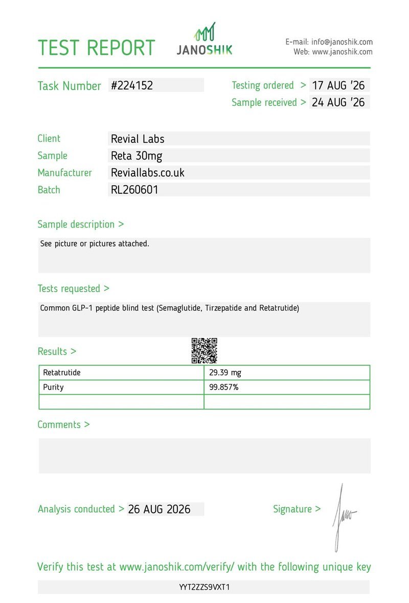 Retatrutide 30mg Certificate of Analysis - Janoshik, batch RL260601, 99.857% purity