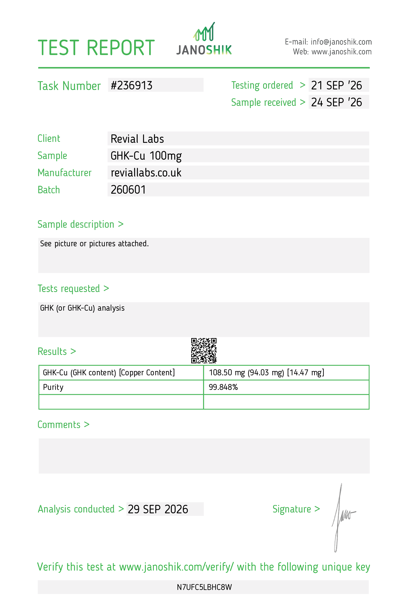 Janoshik certificate of analysis for Revial Labs GHK-Cu 100mg