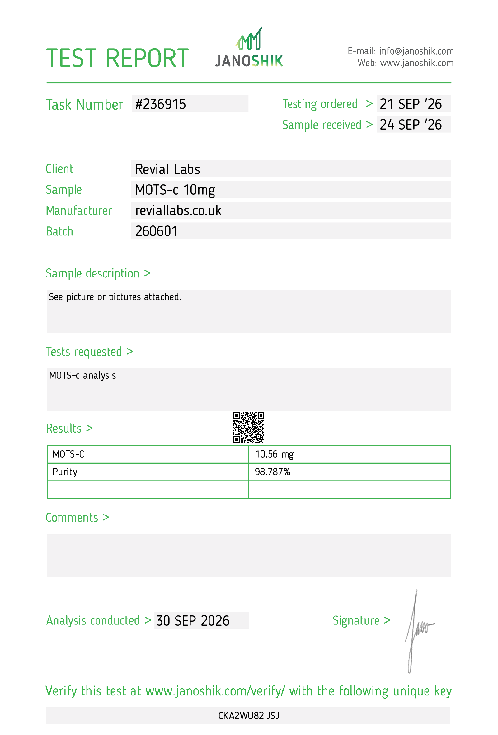 Janoshik certificate of analysis for Revial Labs MOTS-c 10mg