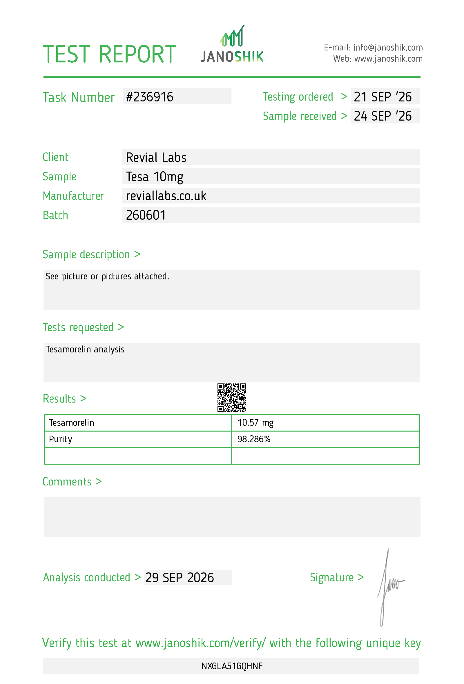 Janoshik certificate of analysis for Revial Labs Tesa 10mg