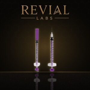 Revial Labs 1ml U100 insulin syringes on a dark marble surface