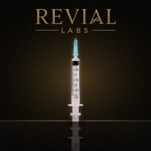 Revial Labs 3ml syringe with 21g needle on a dark marble surface