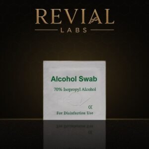 Revial Labs 70% isopropyl alcohol swab on a dark marble surface